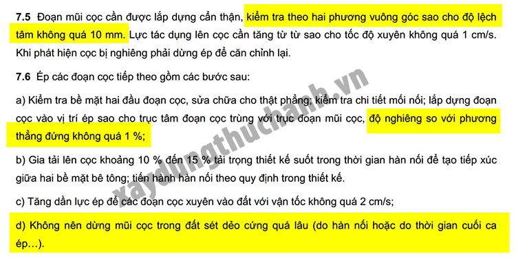 sai số cọc ép độ lệch tâm và độ nghiêng